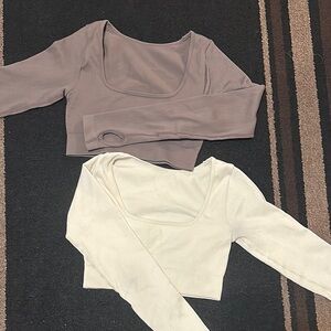 Women's Long Sleeve Crop Tops - Cream and Brown
